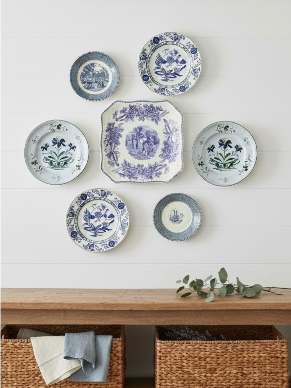 Blue and White Floral Decorative Wall Plates - Set of 7 Plate Wall Gallery Wall